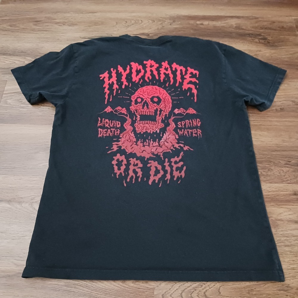 Liquid Death Hydrate Or Die! Black Blood Red Cotton Tee Shirt - Size Large